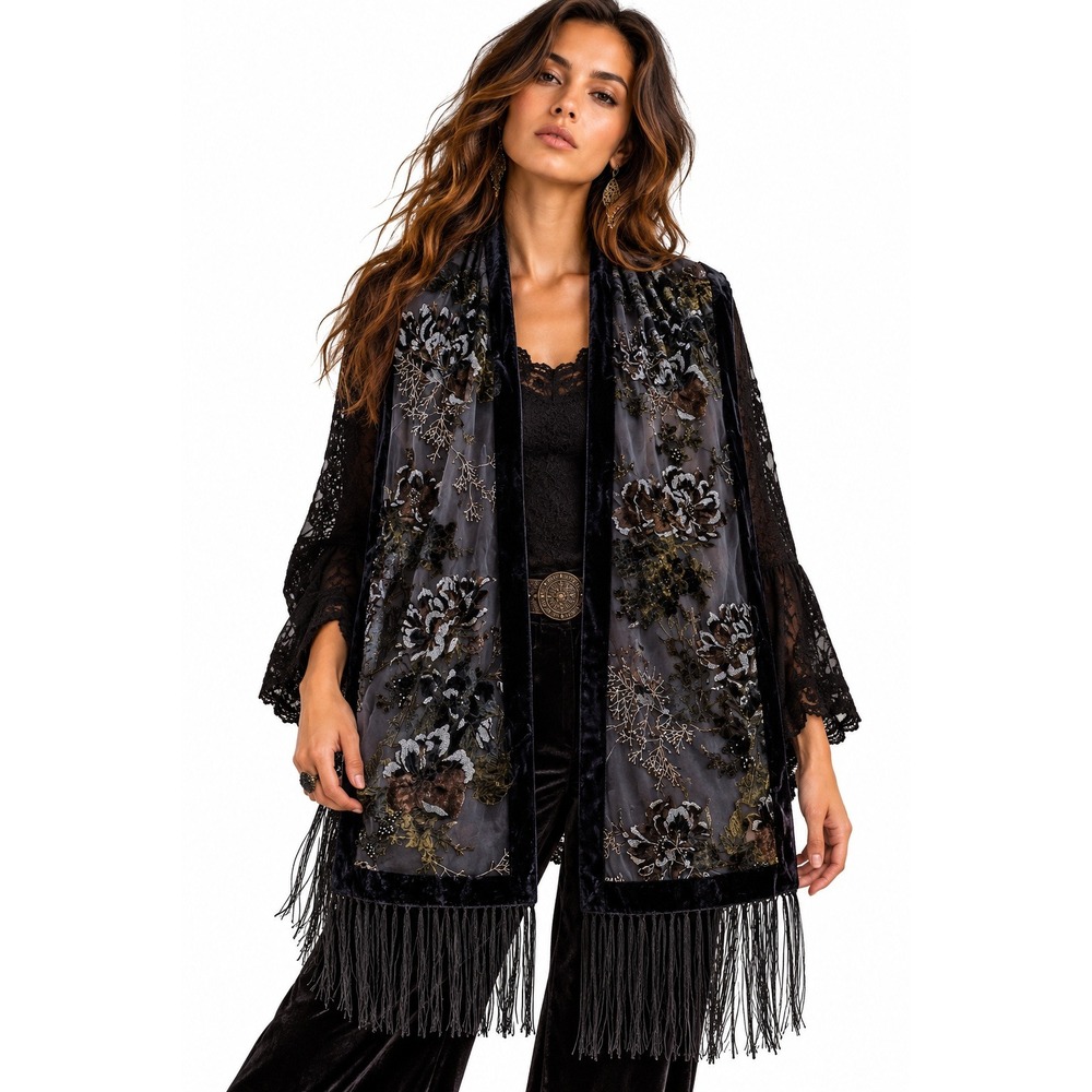 Avenue Velvet Burnout Floral Embroidered Fringe Wrap Devore Dark Romantic Fairy